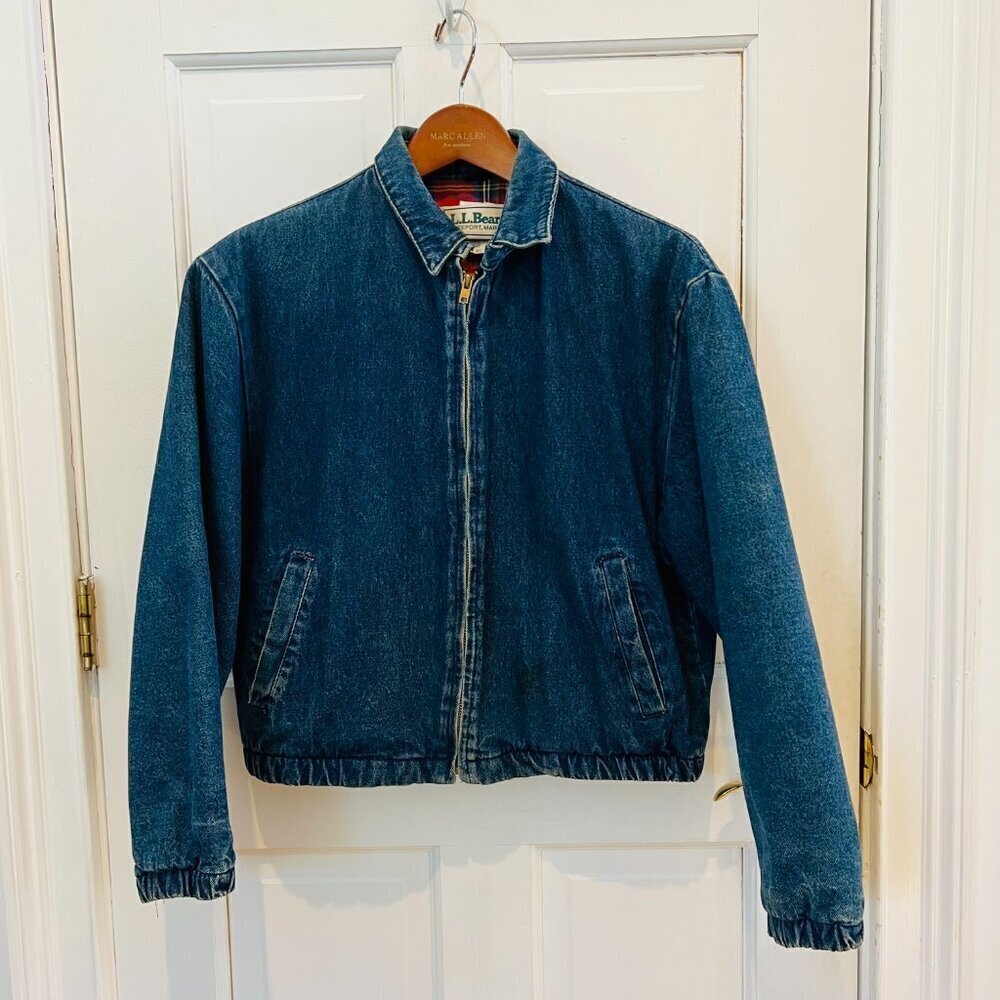 LL BEAN Insulated Flannel Lined Barn Chore Denim Harrington Jacket Coat VTG 80s